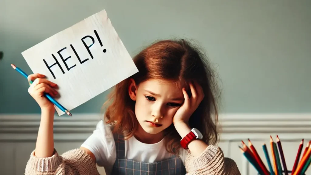 Schülerin ohne Motivation zum Lernen hält ein HELP-Schild am Schreibtisch