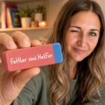 Fehler beim Lernen: Julia hält einen Radiergummi mit der Aufschrift Fehler sind Helfer in die Kamera
