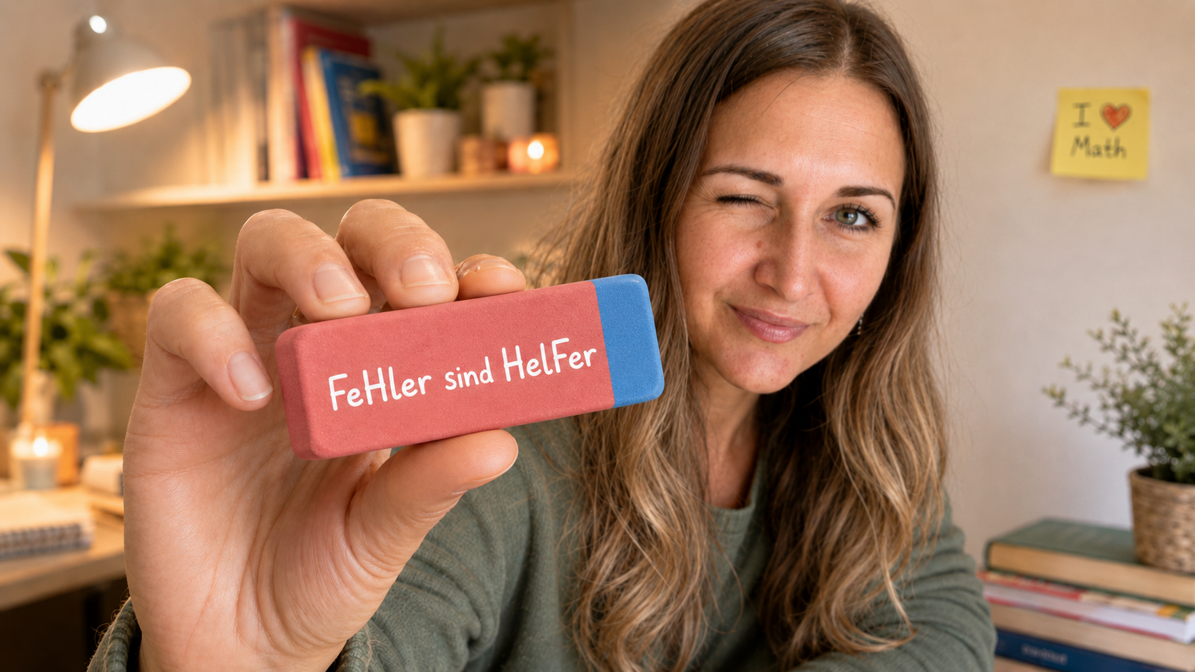 Fehler beim Lernen: Julia hält einen Radiergummi mit der Aufschrift Fehler sind Helfer in die Kamera